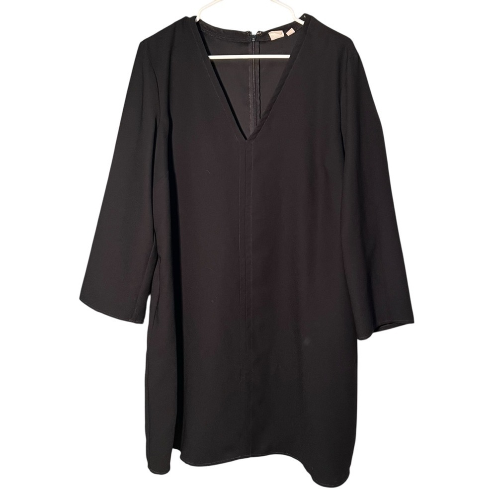 Gap Women's Size Large Sheath Dress Black V-Neck 3/4 Sleeve Knee Length Zip Back